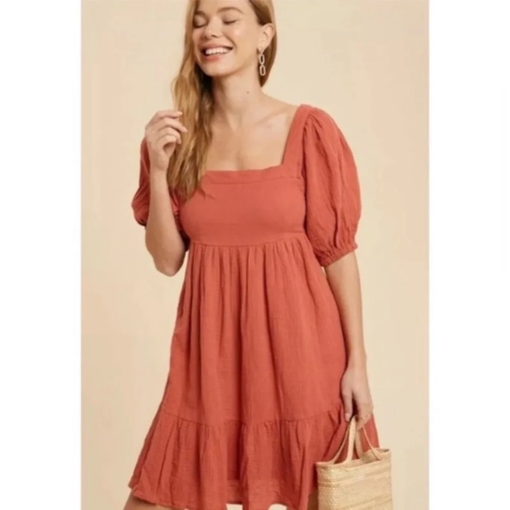 SOLD OUT Burnt Coral Gauze Boho Ruffle Babydoll Dress - Picture 4 of 7